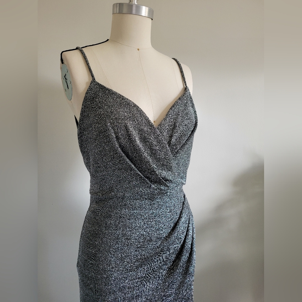 Y2K metallic silver grey dress with plunging neckline and high slit